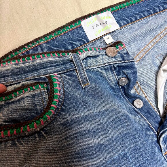 FRAME + Julia Sarr-Jamois crochet-trimmed distressed high-rise boyfriend jeans - Picture 7 of 13